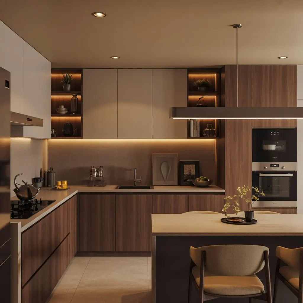 Cozinha em madeira escura com armários claros, nichos iluminados com LED e ilha com banquetas